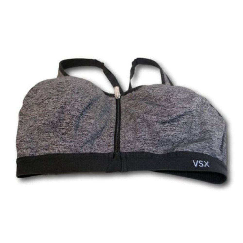 Victoria's Secret VSX Heathered Grey & Black Zipper Front Sports Bra Size: 32C